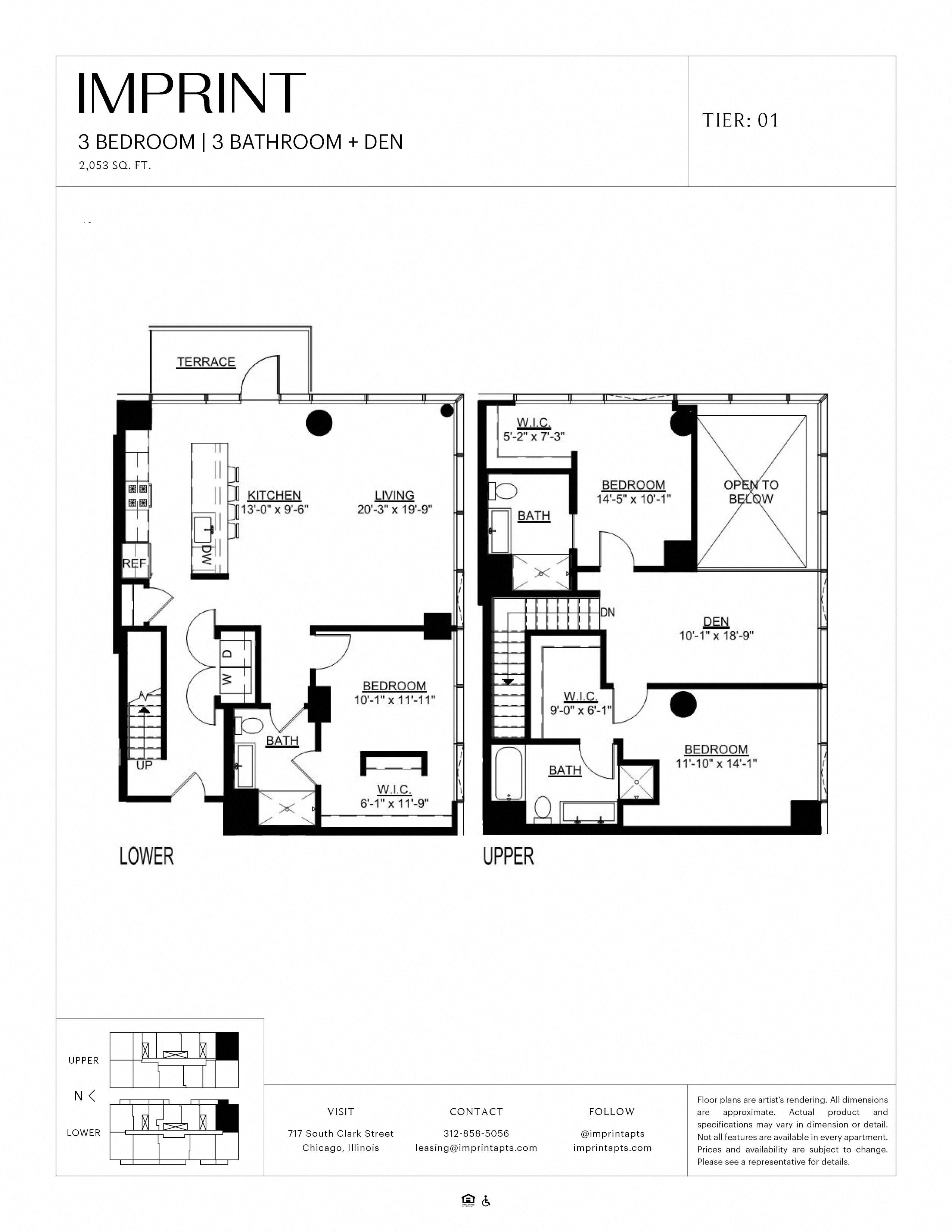 Floor plan for 3 beds, 3 baths, 2053 sqft